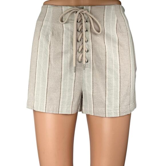 Urban Outfitters Tess Tan Lace-Up Striped High Waist Twill Casual Shorts Size 0 - Picture 1 of 5